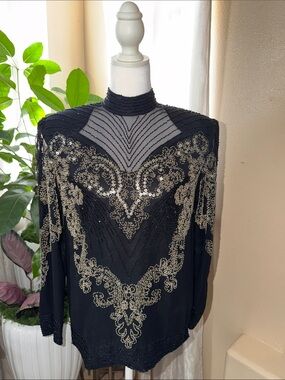 Oleg Cassini Black Beaded Evening Top